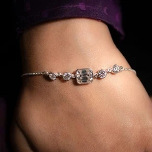 7 Ct Treated Certified Off White Diamond Solitaire Chain Bracelet In 925 Silver - Picture 1 of 8