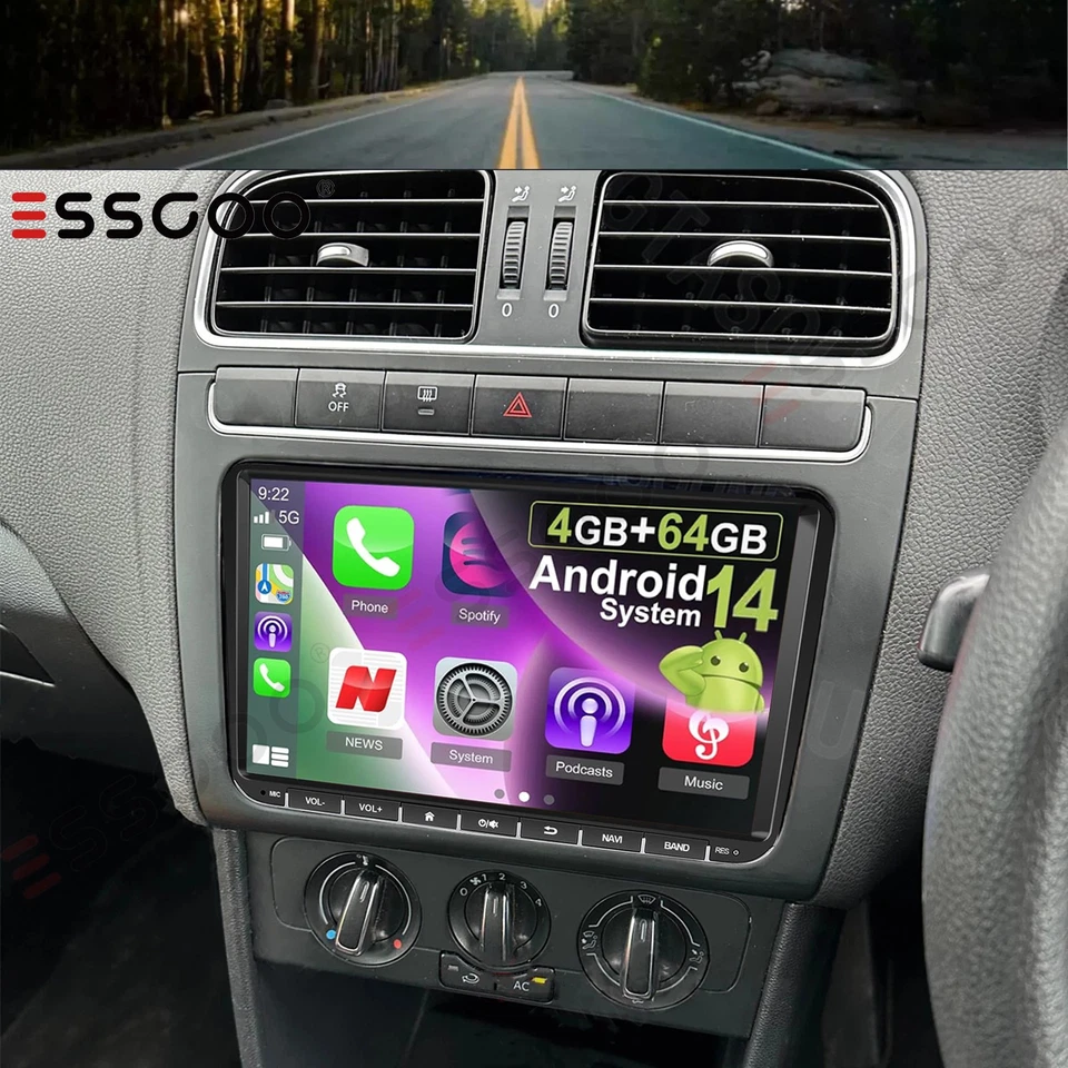 ESSGOO 4G+64G For VW GOLF MK5 MK6 9" CarPlay Car Stereo Radio Android 14 GPS Head Unit