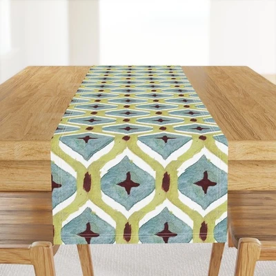 Mid Century Modern Ogee Retro Ogee Stripe Teal Olive Aqua Printed Table Runner - Image 1 of 4