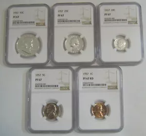 Blast White 1957 Proof Set - all 5 coins grade NGC PR67, PF67, PR 67 - Picture 1 of 2
