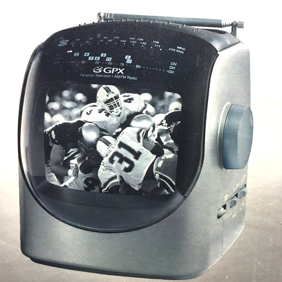 Vintage Black & White 5 1/2" GPX TVP2 Portable TV With AM FM Radio Gray - Image 1 of 4