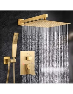 Brushed Gold Shower Faucet Set 12" Rain Head Combo with Mixer Valve Wall Mounted - Picture 1 of 6