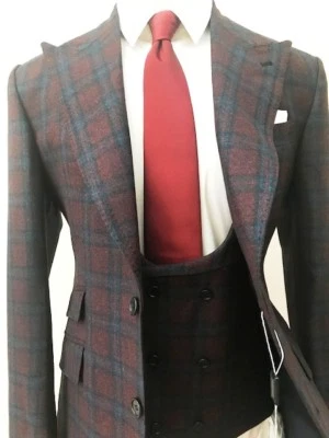 Borgoña/azul super 150 winsor Cerruti doble costura pico solapa lana traje/chaleco Foto 1 de 4