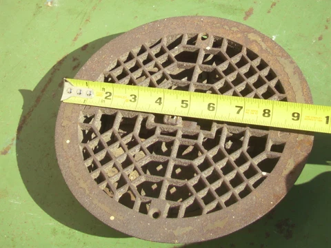 Vintage adjustable louvers round 7 1/2 x 9 1/2 cast iron floor heater grate vent Cover