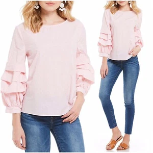 NWT Sanctuary Top Womens Sz XS Pink Delphine Tiered Ruffle Sleeve Cotton Striped - Bild 1 von 11