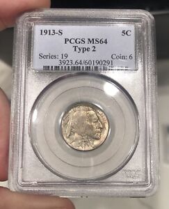 1913-S Type 2 Buffalo Nickel graded MS64 by PCGS Key Date Nice Coin High Grade