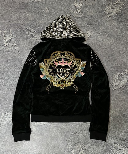 CHANEL Felpa con cappuccio zip discoteca velluto strass stile Ed Hardy vintage anni 90 Y2k stile Giappone