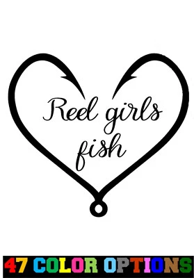 Vinyl Decal Truck Car Sticker Laptop - Hunting Fishing Reel Girls Fish Heart - Image 1 of 4