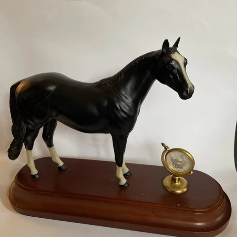 Vintage Horse Clock with Wood Base Blue Roan Equestrian Cover