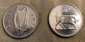 Uncirculated Pair of Ireland 5 Pence 1975 coins. KM#22. Irish Harp and Bull. - Picture 1 of 2