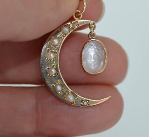 14K Victorian Carved Moonstone & pearl Crescent Moon Pendant