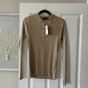 Polo Ralph Lauren Ribbed Knitted Polo Shirt Long Sleeve Woman Beige Logo NWT - Picture 1 of 12