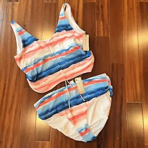 New NWT Peyton Parker Blue Striped Swimsuit Two Piece Swim Set Tank Plus XXL 2X - Picture 1 of 6
