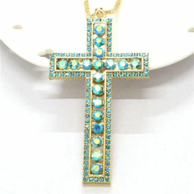 Nuevo Collar Colgante Cruz Cristal Betsey Johnson Grande Oro Amarillo Azul y AB Foto 1 de 4