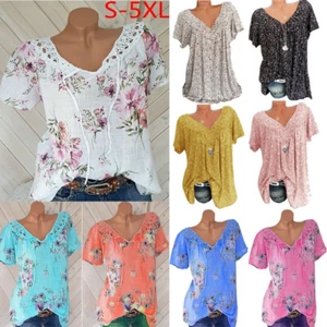 Women Plus Size Short Sleeve T-Shirt V Neck Summer Casual Baggy Blouse Tunic T - Picture 1 of 39