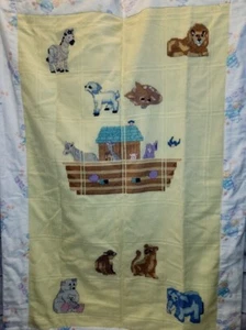 VTG Noah's Ark Animal Baby Blanket Lovey Flannel Trim Cross Stitch Hand sewn - Picture 1 of 18
