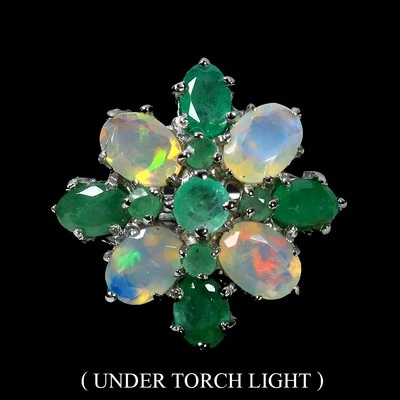925 Anello Argento Sterling Ovale Fuoco Opale 8x6mm Gemma Smeraldo Gioielli - Immagine 1 di 4