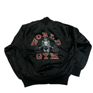 VTG 80'S WORLD GYM BLACK SATIN BOMBER JACKET SZ XL GORILLA CROPPED WORKOUT H10 - Picture 1 of 5