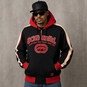 Y2K Ecko Unltd Hoodie XL schwarz rot Reißverschluss Sweatshirt Nashorn Logo Kern Fleece neu mit Etikett - Bild 1 von 8
