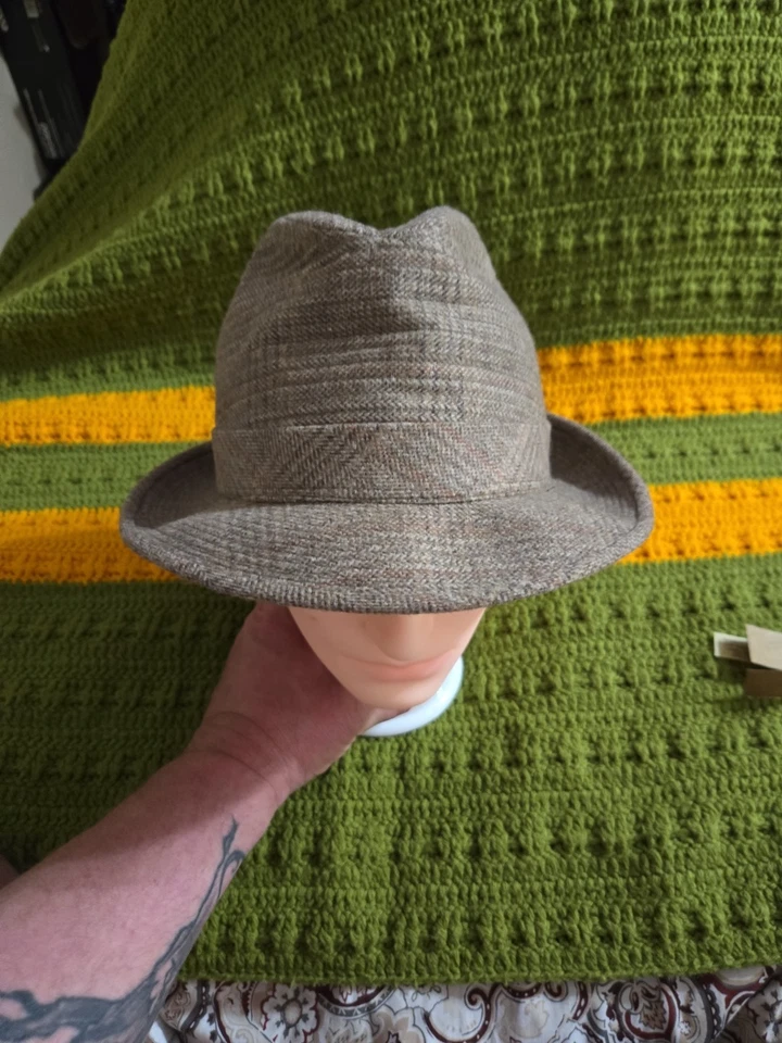 Dobbs Hat 5th Fifth Avenue New York Fedora 7 3/8 Hat w/ Feather Vintage Tweed - Image 1 of 4