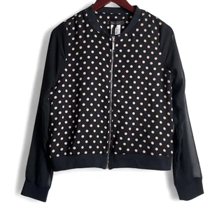 BCBG Maxazria Polka Dot Black Bomber Jacket Medium NWT Sheer Sleeves Front Zip - Picture 1 of 8