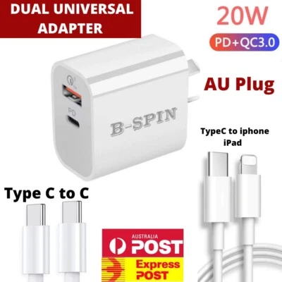 AU Plug Dual PD 20W USB-C Type C Fast Wall Charger Adapter For iphone Android - Image 1 of 4