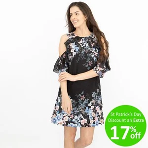 Lipsy Dress Black Summer Womens Cold Shoulder Sleeveless Floral Holiday Beach
