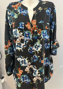Calvin Klein Women 2X Top Shirt Blouse Black Blue Floral Button Down Roll Tab - Picture 1 of 7
