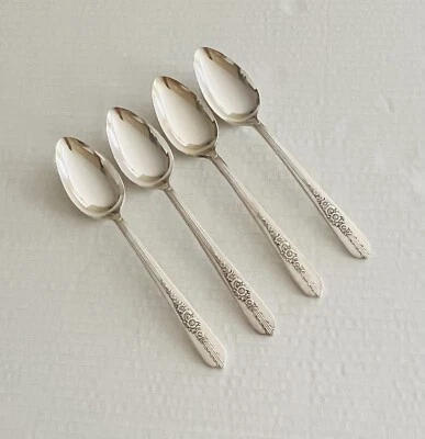 Plato de la nobleza Oneida 1939 Royal Rose 4 cucharas de sopa ovaladas plato de plata floral Foto 1 de 4