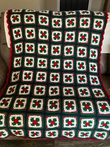 Granny Square Handmade Afghan Beautiful Christmas Colors 42x66 Inches - Picture 1 of 10