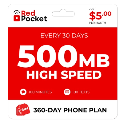$4/Mo RedPocket Prepaid Wireless Phone Plan+Kit: 100 Talk 100 Text 500MB - Image 1 of 4