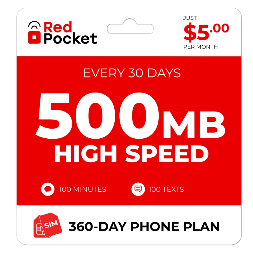 Plano de telefone sem fio pré-pago RedPocket US$ 5/mês + kit: 100 Talk 100 texto 500MB - Imagem 1 de 4