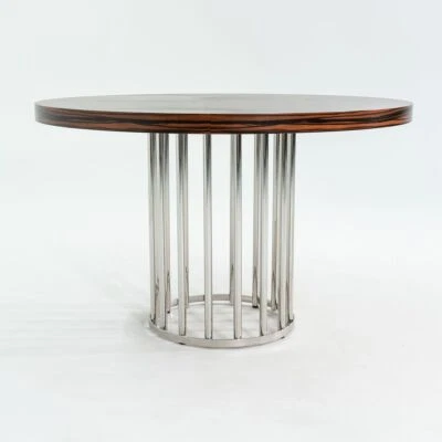 2000s Custom Round Dining Table w/ Macassar Ebony Wood Top & Polished Steel Base - Image 1 of 4