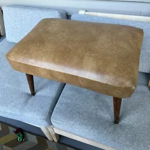Mid Century Ottoman Footstool Vinyl Wood Legs Large Heavy Beige Gold Rectangle - Picture 1 of 9