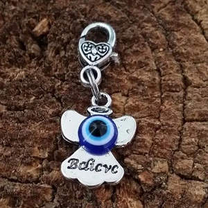 Believe Guiding Angel Blue Evil Eye Dangle Clip Charm Healing pendant 1" Heart - Picture 1 of 1