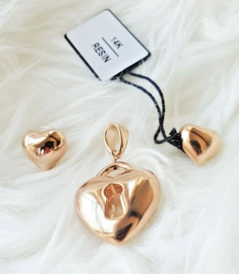 14k Gold Milor Italy Heart Key Hole Puffy Puffed Pendant Earrings 5.7 grams New - Image 1 of 4