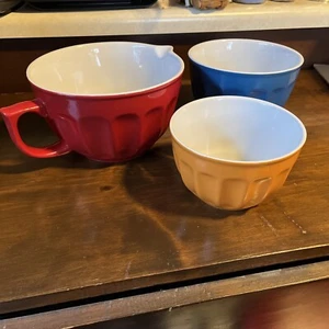 Set of 3 Stoneware Mixing Bowls Nesting 2C, 4C, & 6 Capacity Red, Blue & Orange - Picture 1 of 13