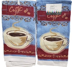 SET AUS 2 GLEICHEN BEDRUCKTEN FROTTEETÜCHERN (16" x 26") HEISSE KAFFEETASSE AUF DEM TELLER, AM - Bild 1 von 13
