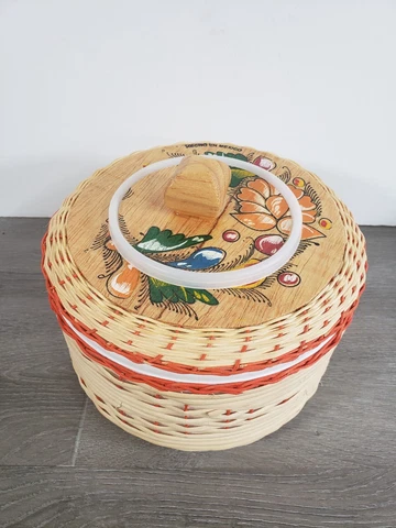 Woven Basket w/ CUP Lid Painted PLASTIC BOWL Styrofoam Lined  Made in Mexico Cover