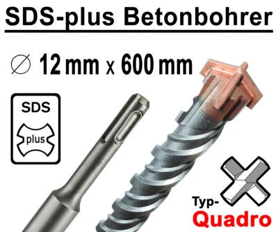 SDS-plus Betonbohrer Ø 12 mm x 600mm Lang Quadro Bohrer Hammerbohrer Steinbohrer - Bild 1 von 4