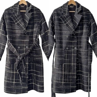 Elie Tahari Black Plaid Print Tweed Double Breasted Belted Long Overcoat S - Image 1 of 4