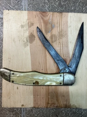 Cuchillo de cazador plegable Craftsman EE. UU. 1930-1940, hielo agrietado amarillo - buen estado Foto 1 de 4