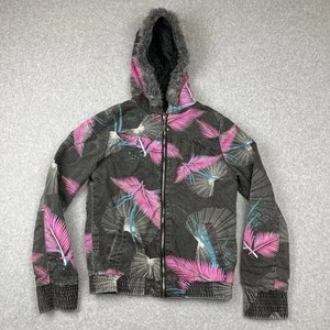 Rusty Jacket Women’s S Black Pink Leaf Print Fur Hood Y2K Skate Surf Winter - Picture 1 of 9