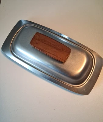 Масло блюдо винтажный покрытый из нержавеющей стали деревянная ручка 8 «X 3,5» праздник праздник - Изображение 1 из 4