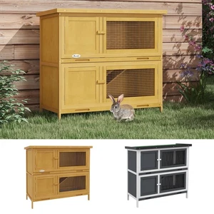2-Tier Wooden Rabbit Hutch Guinea Pig House w/ Sliding-out Tray Ramp - Picture 1 of 23