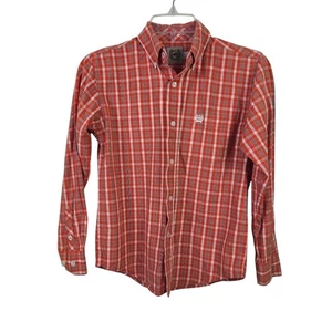 Cinch Orange Plaid Boys Button Down Western Cowboy Long Sleeve Shirt Rodeo 10 - Picture 1 of 8