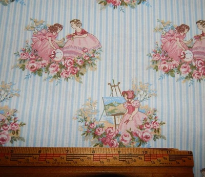 vintage Victorian ladies girls cotton fabric ticking stripe pink blue BTY floral - Image 1 of 4