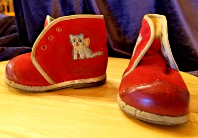 De Colección Lana Fieltro Cuna Bebé Zapatos Botines Bordados Gato o Perro? Tacón suela cuero Foto 1 de 4