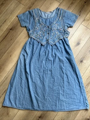 Jane Ashley Denim Dress Women's Medium Cotton with Embroidered Flowers Pockets - Image 1 of 4