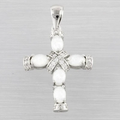 Latin Cross White Fire Opal Cabochon CZ Silver Jewelry Necklace Pendant - Image 1 of 4